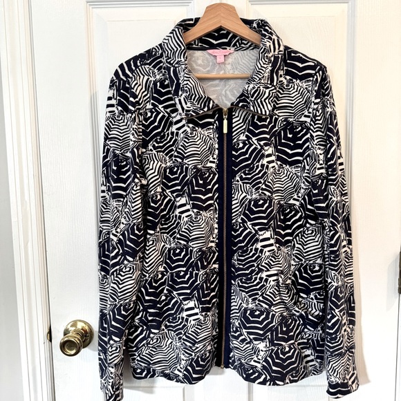 Lilly Pulitzer Leona Oh Cabana Boy Umbrella Print Cotton Zip Stretch Jacket - L - Picture 1 of 9